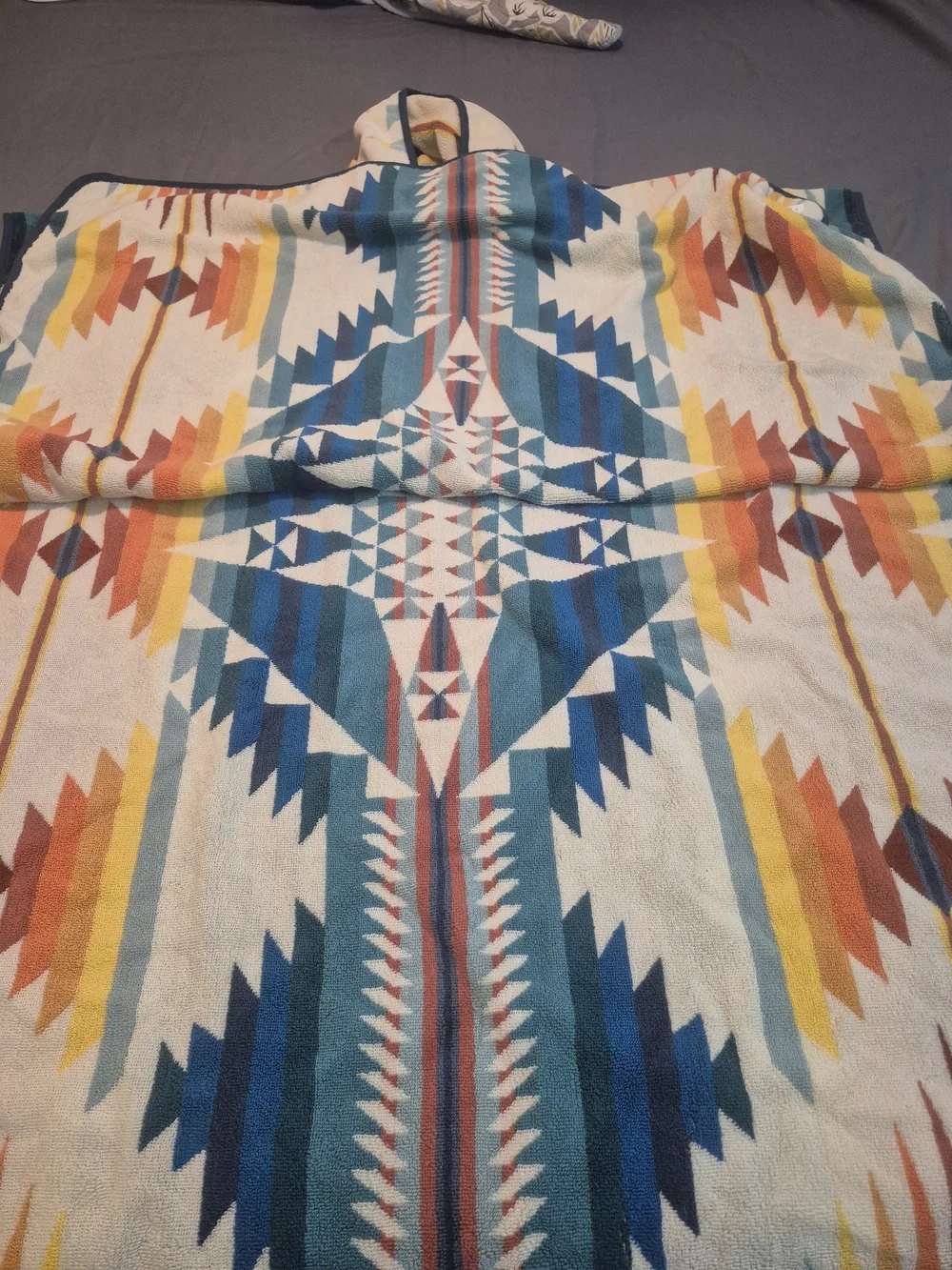 Pendleton Cream Hooded Towel with Blue, Red, Orange & Yellow Geometric Pattern
